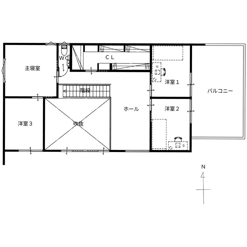 タイコーアーキテクト 【5114万円/間取り図あり/70坪台】2台駐車可能！緑豊かな中庭・バルコニーのあるインナーガレージハウスの間取り図（4LDK）2階