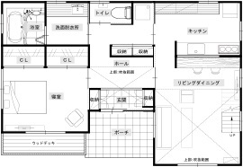 綿半林業 【1000万円台/ひのき/平屋】持ち込みの蔵引き戸や家具がなじむ、アンティークな平屋建ての住まいの間取り図（1LDK＋小屋裏収納）1階