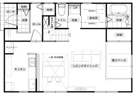 綿半林業 【1000万円台/ひのき/おうち時間】リモートワークも家族の団らんも叶えた和モダンの家の間取り図（3LDK）1階