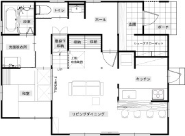 綿半林業 【ひのき/2000万円台/造作カウンター】家族団らんもプライベートも両立したオトナスタイルの家の間取り図（4LDK）1階