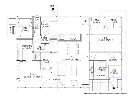 SORAie 【自然素材/子育て世帯/間取り図有】家族の繋がりを大切にしたゆったり過ごせる住まいの間取り図（4LDK+サンルーム）1階