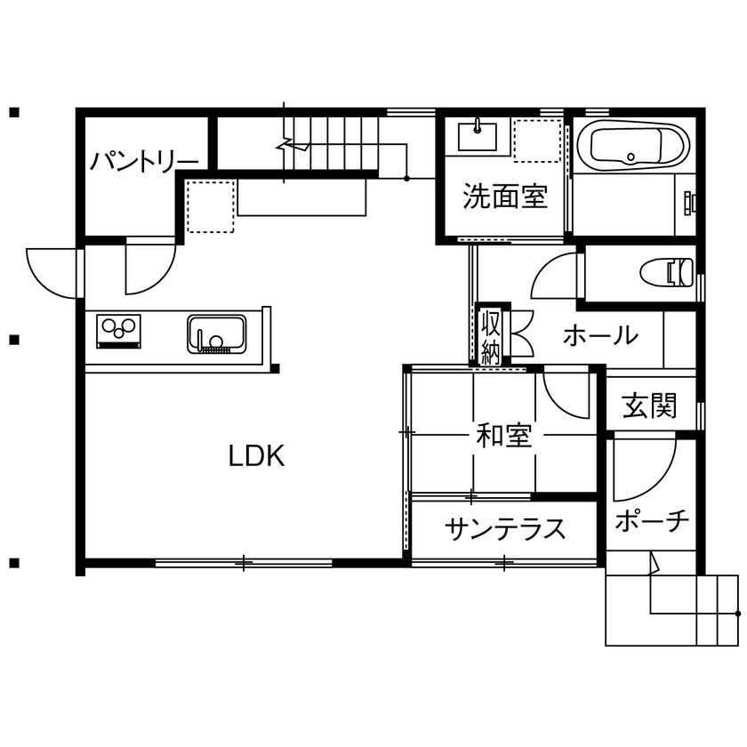 マテリアル・パレット 【2000万円台/約29坪/変形地/間取り】山間地の難しい土地をムダなく活用。緑を見晴らす眺めのいい家の間取り図（4LDK＋WIC）1階