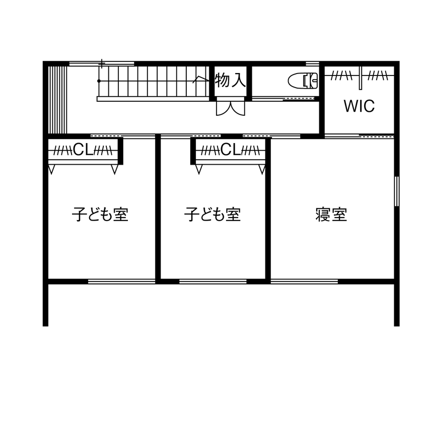 マテリアル・パレット 【2000万円台/約29坪/変形地/間取り】山間地の難しい土地をムダなく活用。緑を見晴らす眺めのいい家の間取り図（4LDK＋WIC）2階