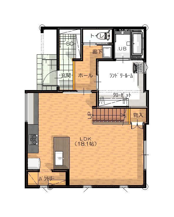 赤野住宅工房 子育てをのびのび楽しめる健康的な住まいの間取り図（4LDK+WIC）1階