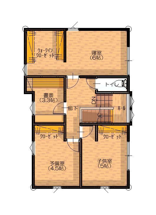 赤野住宅工房 子育てをのびのび楽しめる健康的な住まいの間取り図（4LDK+WIC）2階
