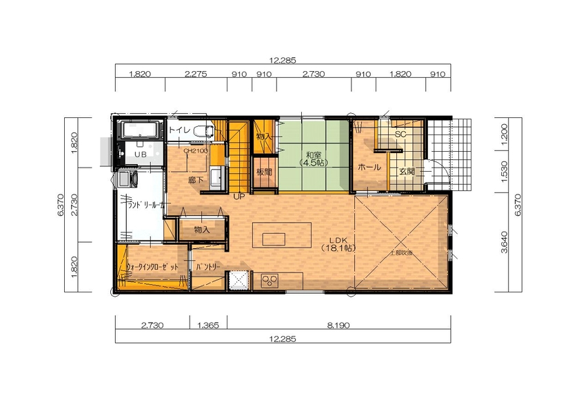 赤野住宅工房 家族をゆるやかにつなぐ、吹き抜けリビングのある家の間取り図（5LDK+小屋裏収納）1階