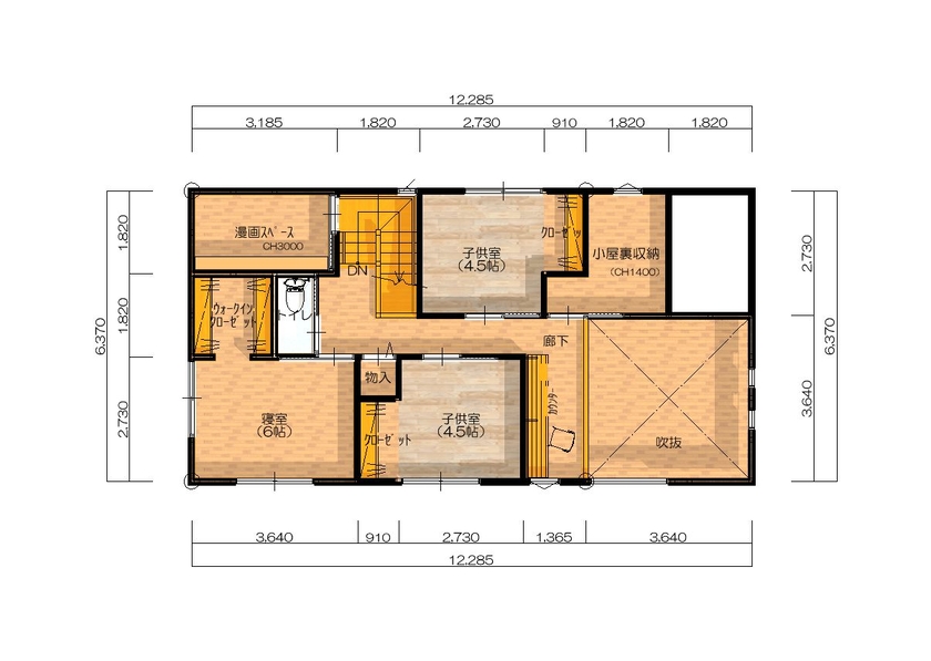 赤野住宅工房 家族をゆるやかにつなぐ、吹き抜けリビングのある家の間取り図（5LDK+小屋裏収納）2階