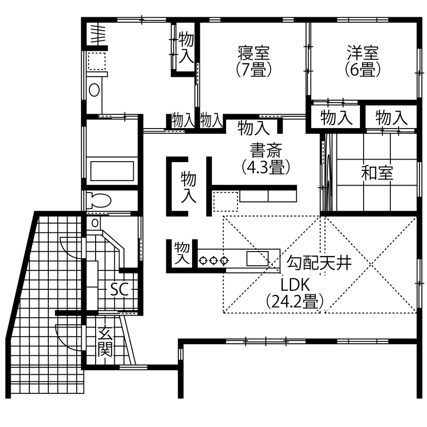 ヒガシ 【3000万円台/37.3坪/長期優良住宅】平屋。勾配天井を活かしたリビング、キッチンまわりは造作仕上げの間取り図（3LDK）1階