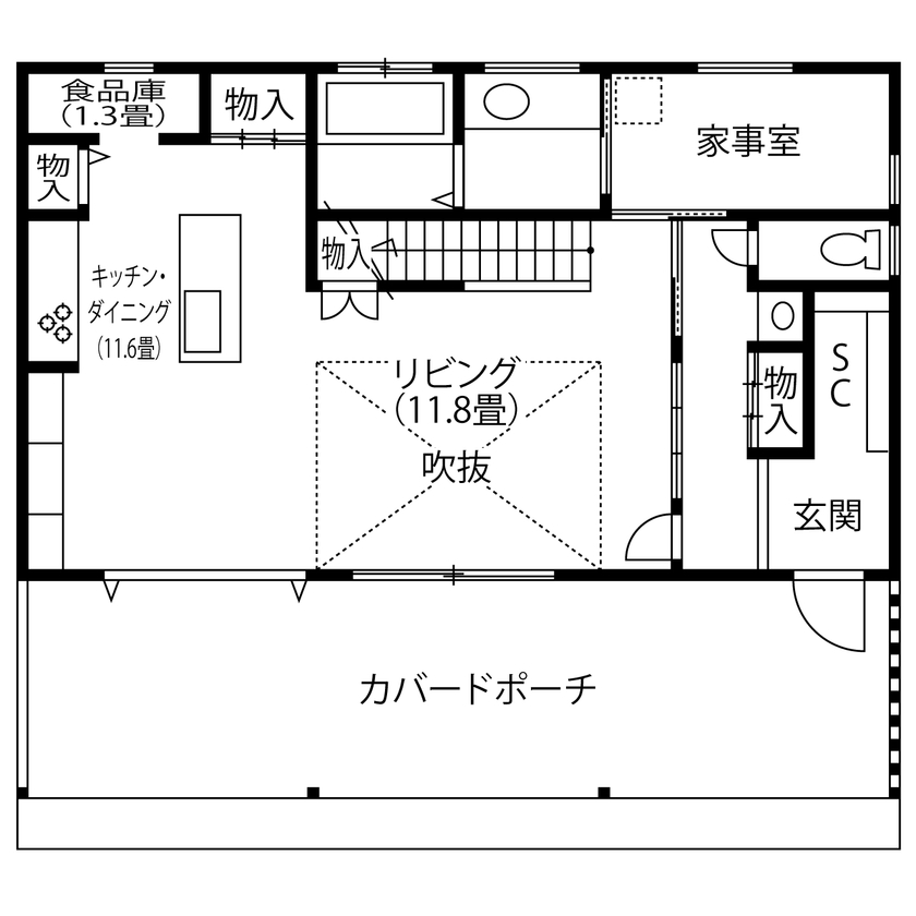 ヒガシ 【2000万円台/42.3坪/長期優良住宅】暮らしのシチュエーションを楽しむ！カバードポーチと吹抜で開放的にの間取り図（3LDK）1階