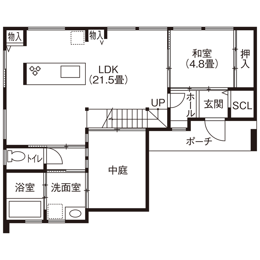 東亜ハウス 【中庭/吹抜け/外から見えない家/おしゃれな外観/間取有】中庭を取り囲む、年中カーテンレスで過ごせる家の間取り図（4LDK＋WIC）1階