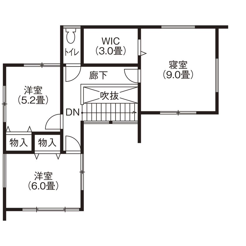 東亜ハウス 【中庭/吹抜け/外から見えない家/おしゃれな外観/間取有】中庭を取り囲む、年中カーテンレスで過ごせる家の間取り図（4LDK＋WIC）2階