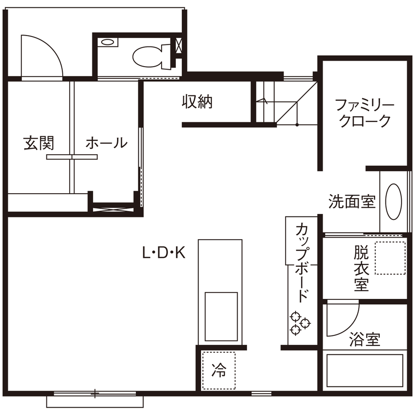 東亜ハウス 【シンプルモダン/愛車仕様/家事ラク動線】室内から愛車を眺められ、憧れのおしゃれキッチンを採用した家の間取り図（2LDK＋FC＋納戸）1階