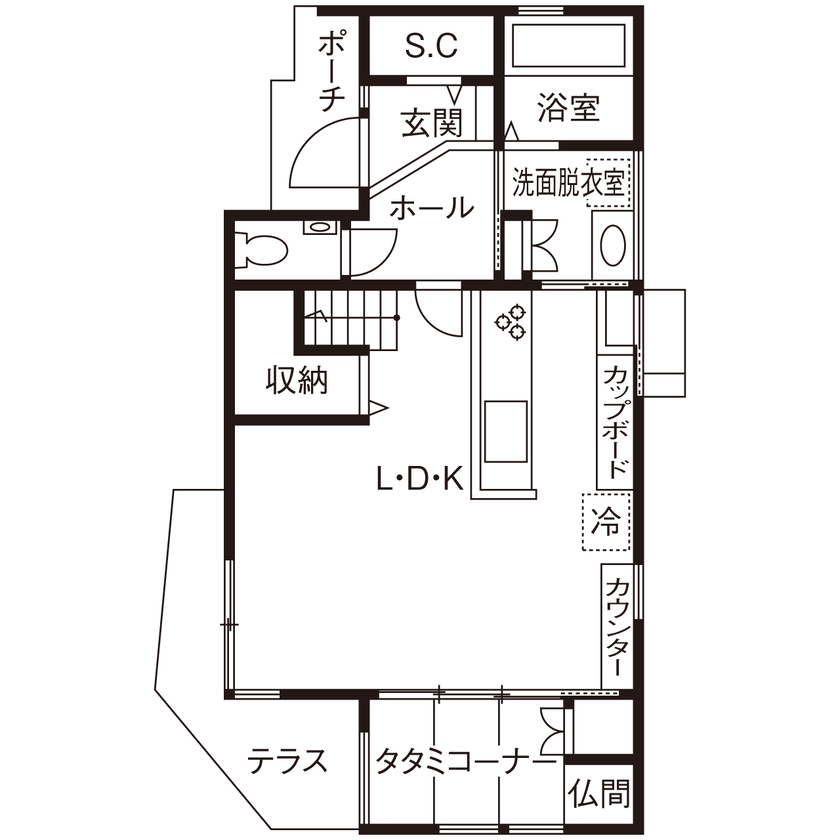 東亜ハウス 【土地29.9坪・狭小地/北欧モダン/和室】色遣いにこだわった、ゆったり寛げる北欧カフェスタイルの家の間取り図（3LDK＋タタミコーナー）1階