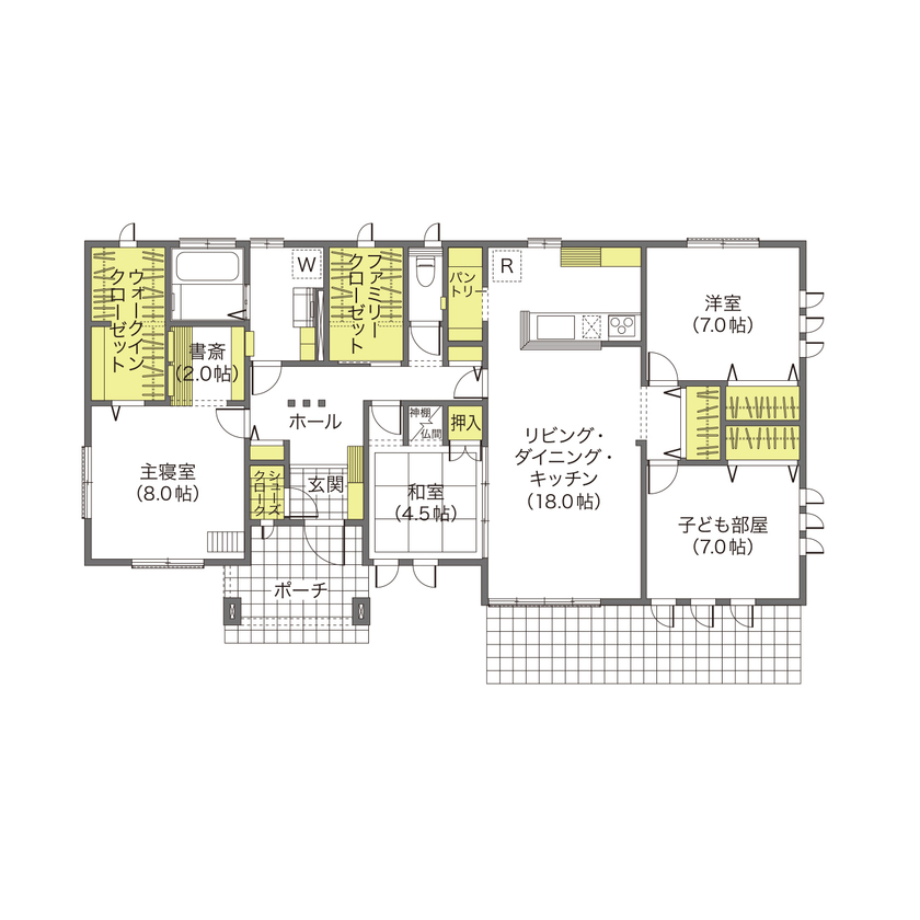 ウィザースホーム 【平屋/2000万円台/30坪台/間取り図有】平屋の概念を変えたLDKを中心に家族の笑顔が広がる住まいの間取り図（4LDK+ロフト）1階