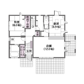 ウィザースホーム 【店舗併用/2000万円台/40坪台/間取り図有】長年の夢だった憧れのカフェ経営を叶えた店舗併用住宅の間取り図（3LDK+店舗）1階