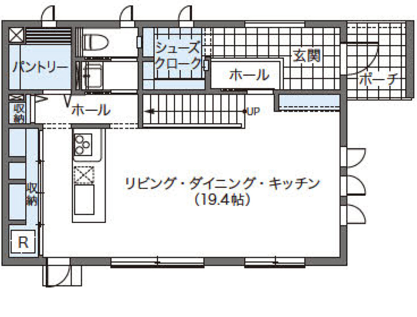 ウィザースホーム 【2000万円台/30坪台/間取り図有】階段もキッチンもインテリアのひとつ。モノトーンで調えた理想のわが家の間取り図（2LDK）1階