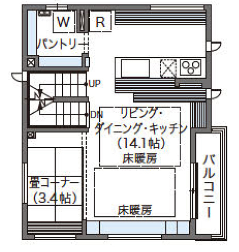 ウィザースホーム 【2000万円台/敷地面積19.2坪/間取り図有】収納も家事動線も想像以上。アイデアいっぱいの都市型3階建住宅の間取り図（3LDK）2階