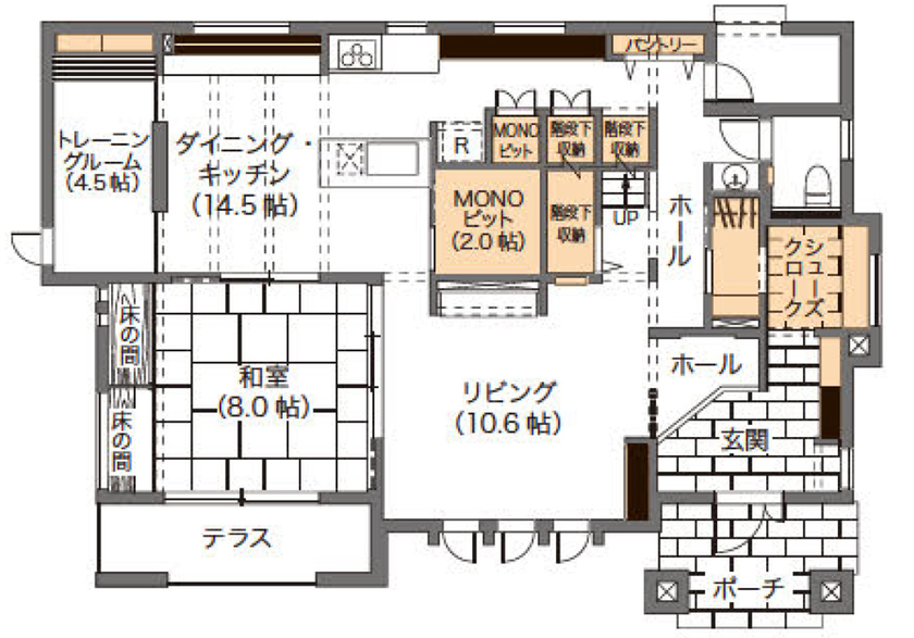 ウィザースホーム 【50坪台/間取り図有】吹き抜け、琴の間、中2階…。色褪せることのない上質を実現した住まいの間取り図（4LDK）1階