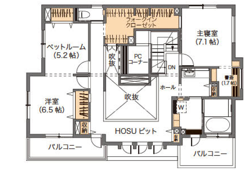 ウィザースホーム 【50坪台/間取り図有】吹き抜け、琴の間、中2階…。色褪せることのない上質を実現した住まいの間取り図（4LDK）2階