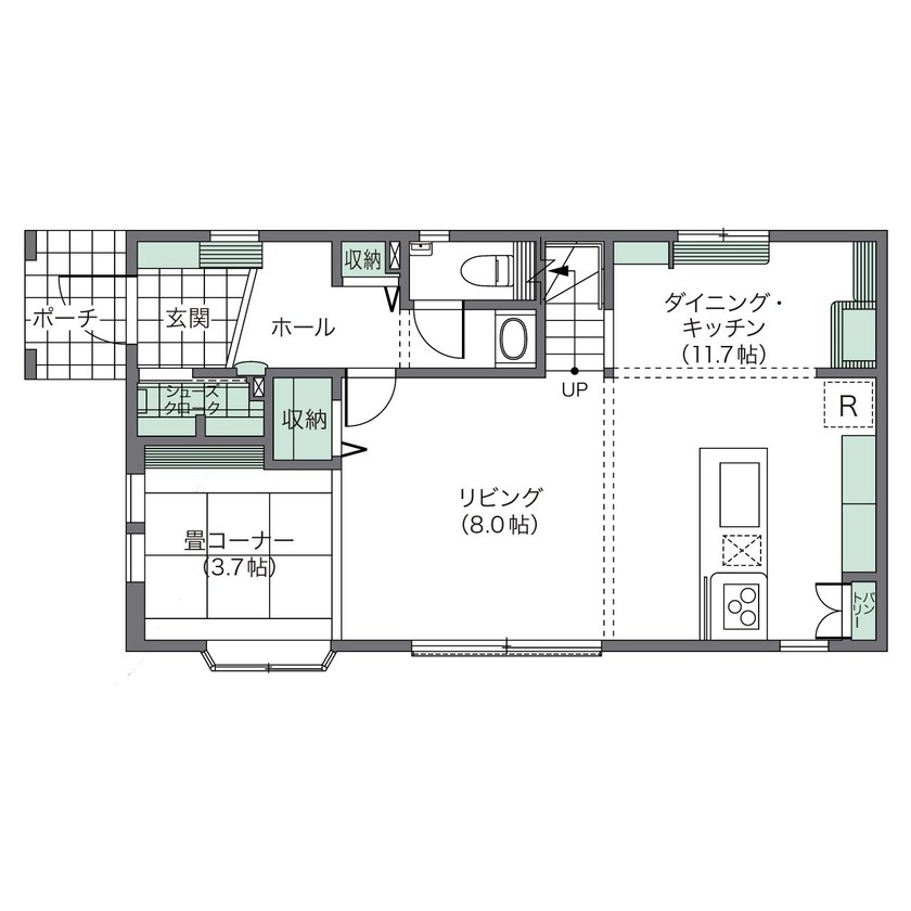 ウィザースホーム 【1500万円～1999万円／生活動線／収納充実／間取図有】毎日の行動パターンから生まれた最適な収納を持つ家の間取り図（3LDK+畳コーナー）1階
