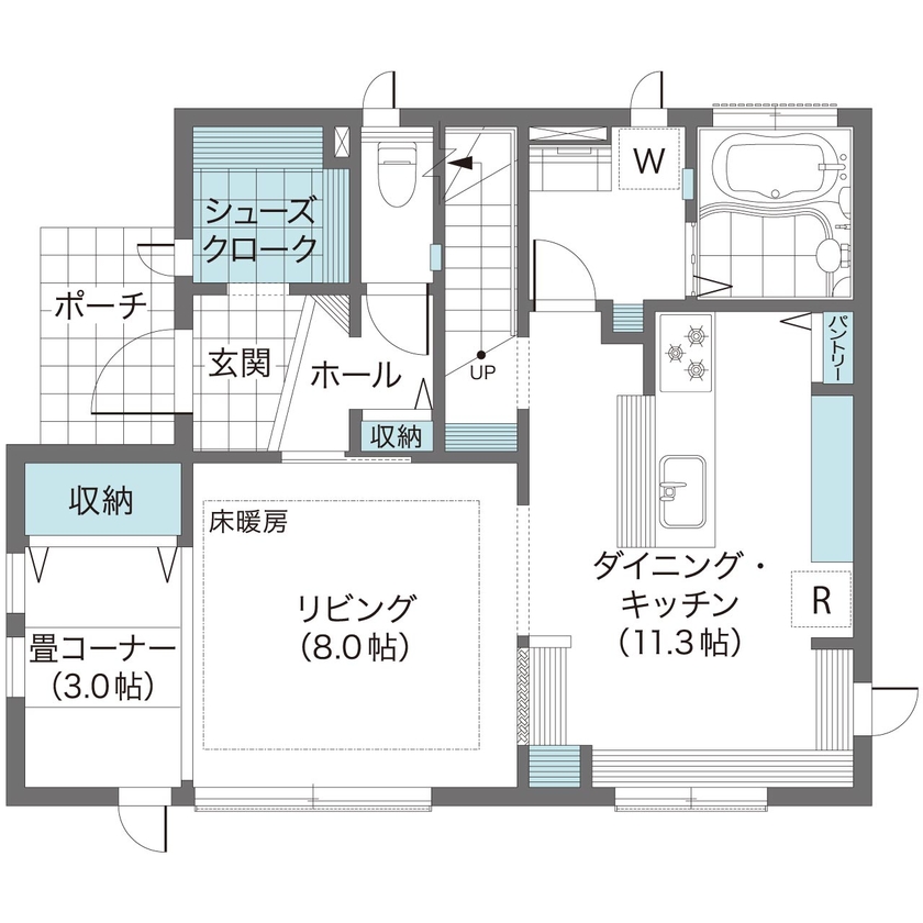 ウィザースホーム 【1500万円～1999万円／南欧風／家事動線／間取図有】スペイン風の外観やアーチ…、“好き”を散りばめた家の間取り図（3LDK+畳コーナー）1階