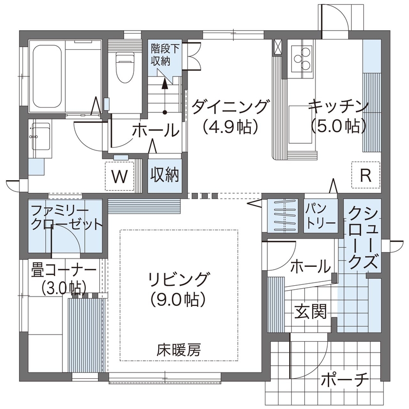 ウィザースホーム 【2000万円～2499万円／家事動線／収納充実／太陽光／間取図有】機能的な動線と収納で毎日の家事も楽しく！の間取り図（3LDK+畳コーナー+納戸）1階