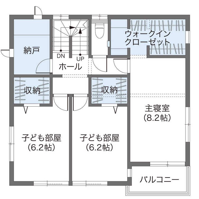 ウィザースホーム 【2000万円～2499万円／家事動線／収納充実／太陽光／間取図有】機能的な動線と収納で毎日の家事も楽しく！の間取り図（3LDK+畳コーナー+納戸）2階