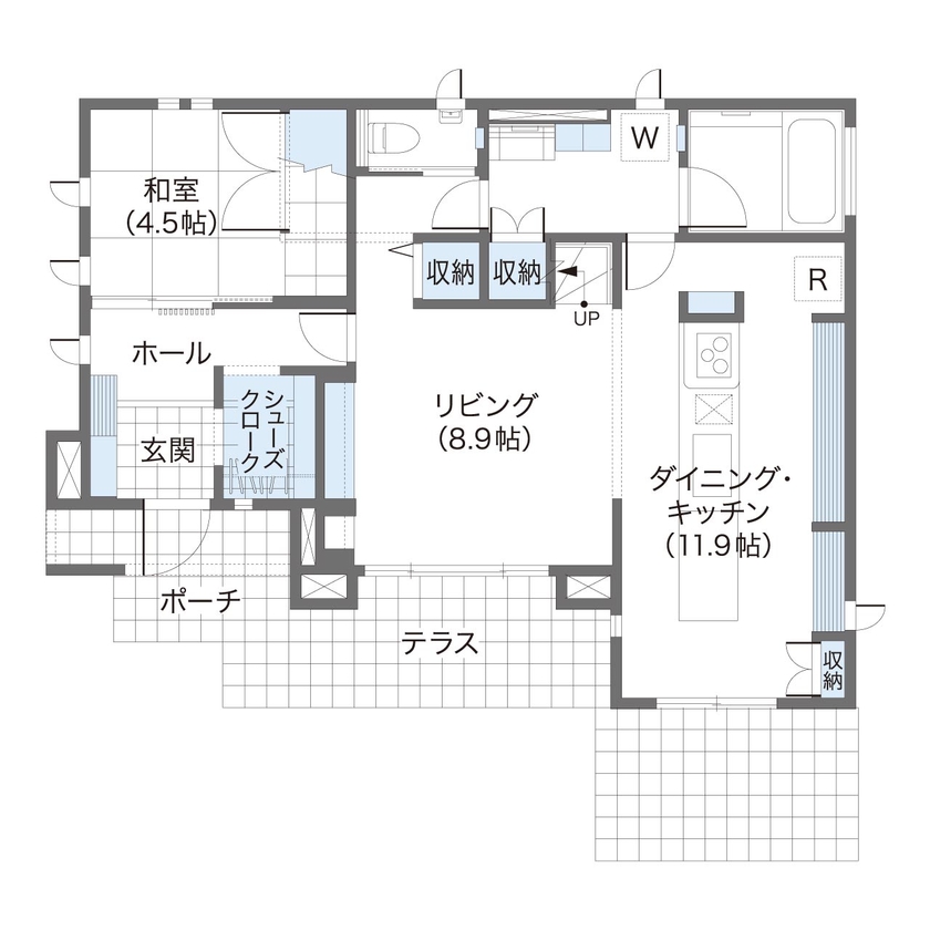 ウィザースホーム 【2000万円～2499万円／吹抜／収納充実／間取図有】開放感と暖かさ。相反するテーマを高性能で解決した家の間取り図（4LDK+納戸）1階