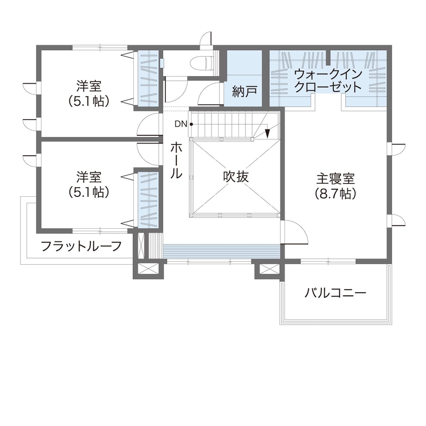 ウィザースホーム 【2000万円～2499万円／吹抜／収納充実／間取図有】開放感と暖かさ。相反するテーマを高性能で解決した家の間取り図（4LDK+納戸）2階