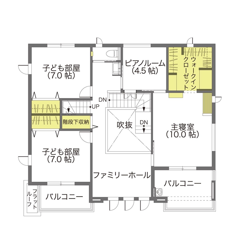 ウィザースホーム 【吹き抜け／リビング階段／間取図有】空中回廊とスキップフロアが家族をつなぐ、立体的で遊び心ある住まいの間取り図（5LDK＋ロフト）2階