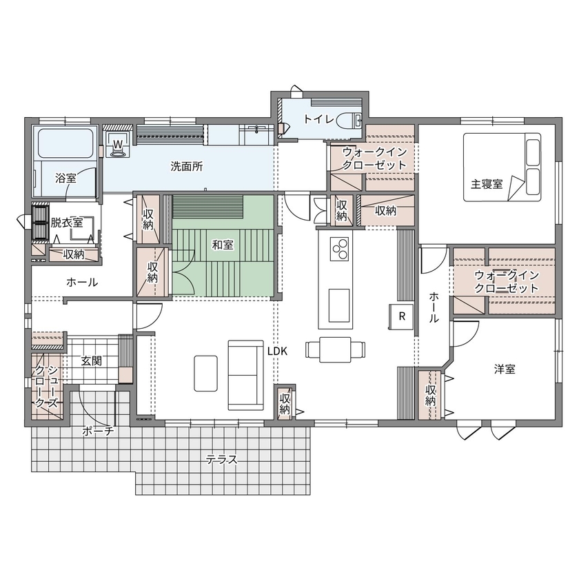 ウィザースホーム 【2000～2499万円／平屋／間取図有】コンパクトな家事動線にこだわった平屋の住まいの間取り図（2LDK）1階