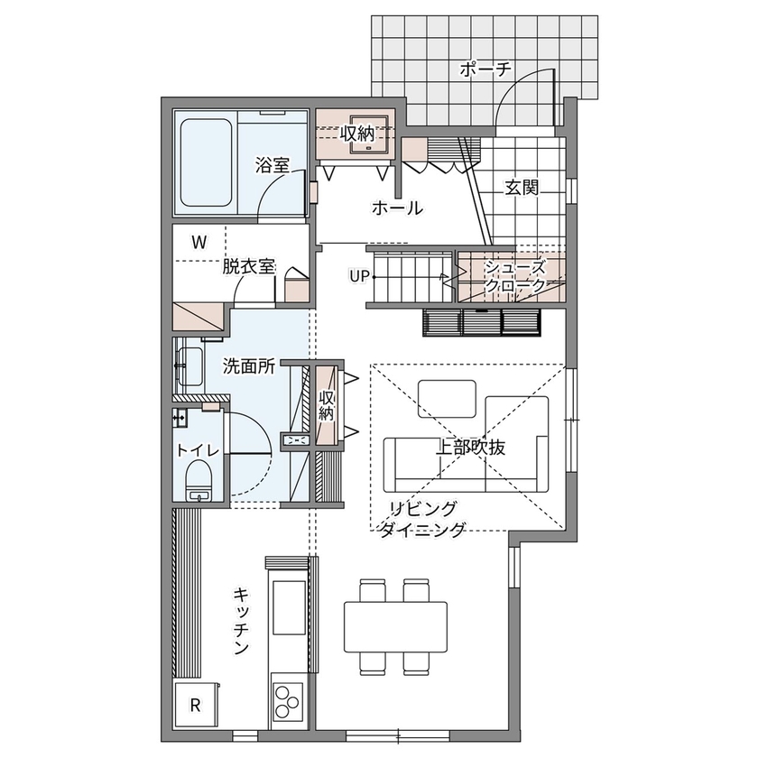 ウィザースホーム 【1500万円～1999万円／収納充実／吹き抜け／間取図有】子育ても楽しめる工夫が満載！可愛らしい北欧の家の間取り図（3LDK）1階