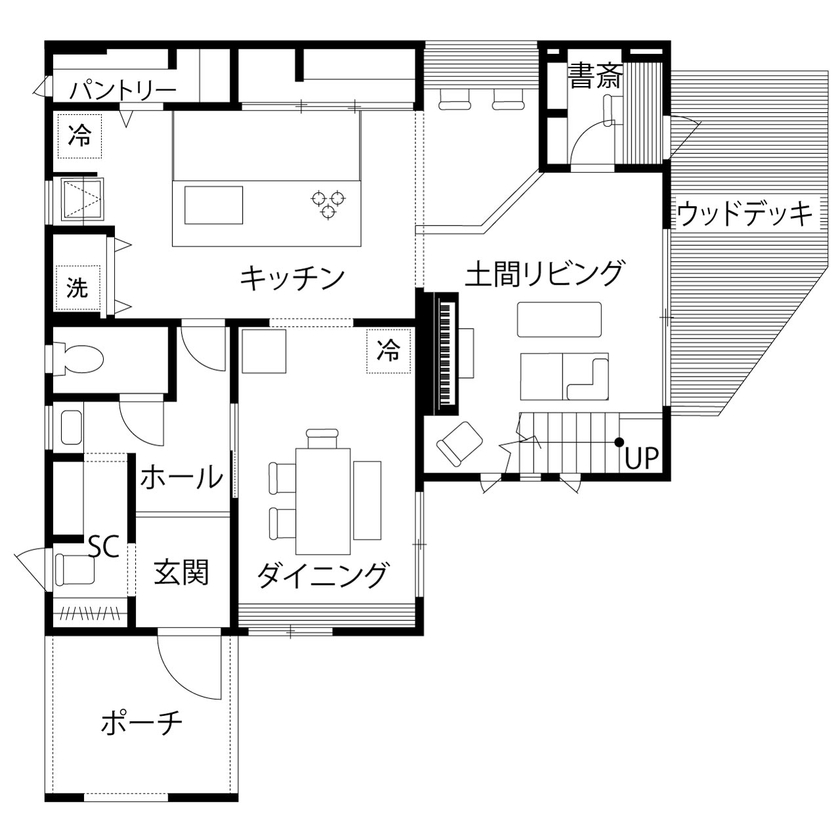 ウィザースホーム 【2500万円～2999万円／土間リビング／テラス／間取図有】アメリカ暮らしのエッセンスが薫る住まいの間取り図（3LDK）1階