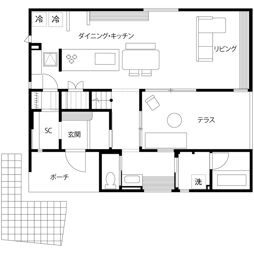 ウィザースホーム 【2600万円台／中庭／スキップフロア／間取図有】BBQなどホームパーティを楽しむ開放的な屋上のある家の間取り図（4LDK）1階
