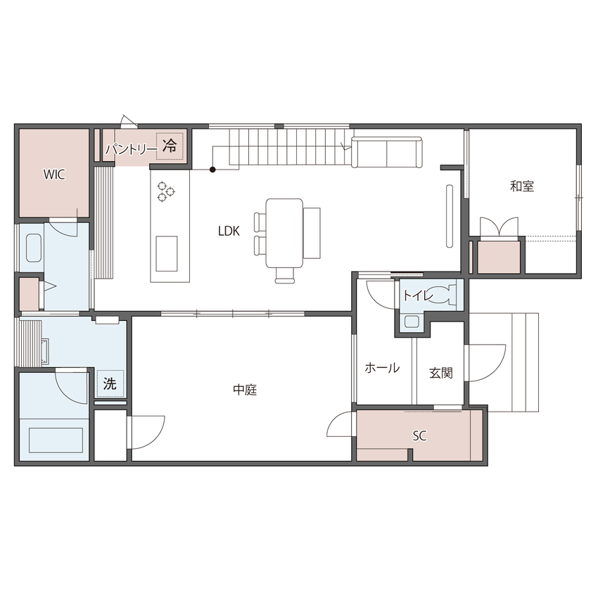 ウィザースホーム 【3500万円／中庭／収納充実／間取図】中庭と天井高2.6mのリビングにより、伸びやかな開放感を楽しむ家の間取り図（4LDK＋書斎+WIC+SC）1階