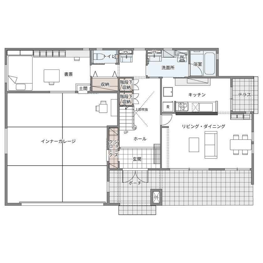 ウィザースホーム 【3600万円／ビルトインガレージ／間取図】アンティーク家具が似合う空間とクラシカルなガレージのある家の間取り図（3LDK+書斎+WIC）1階