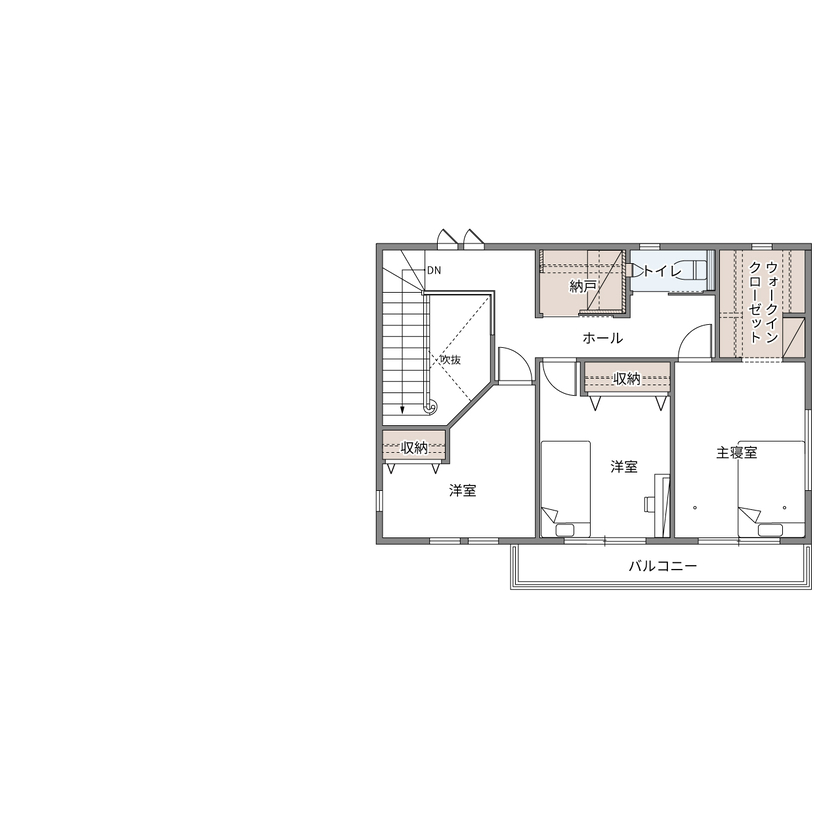 ウィザースホーム 【3600万円／ビルトインガレージ／間取図】アンティーク家具が似合う空間とクラシカルなガレージのある家の間取り図（3LDK+書斎+WIC）2階
