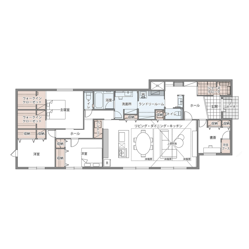 ウィザースホーム 【平屋／趣味／家事動線／収納充実】豊かなデザイン性と回遊動線など機能性を両立させたホテルライクな平屋の間取り図（3LDK+書斎+2WIC）1階