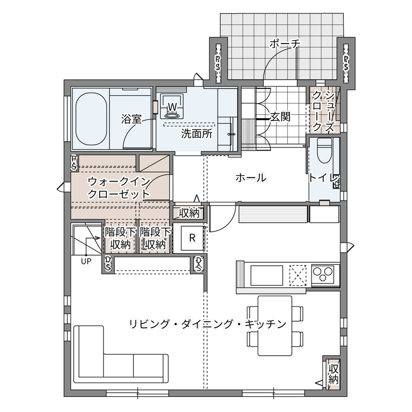 ウィザースホーム 【2400万円／収納充実／間取図】災害時に備え防災レジプラグ採用。カフェ風インテリアにもこだわった住まいの間取り図（3LDK+WIC+SC）1階