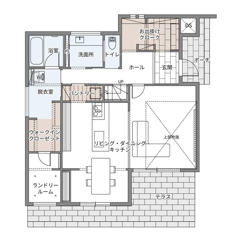 ウィザースホーム 【3200万円／吹抜／収納充実／間取図】日常が特別に変わる。豊かなディテールを楽しむ「帰りたくなる家」の間取り図（3LDK+WIC+納戸）1階