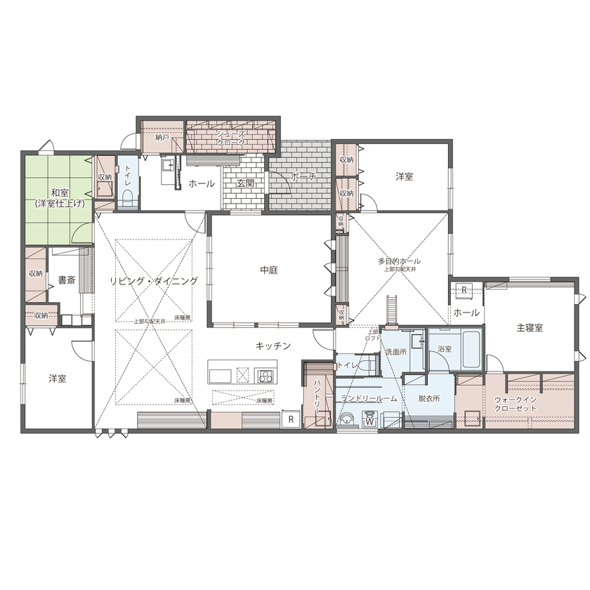 ウィザースホーム 【5600万円／平屋／中庭／間取図】中庭テラスが彩る、大空間の平屋。開放的なプライベート空間にくつろぐの間取り図（4LDK+多目的ホール）1階