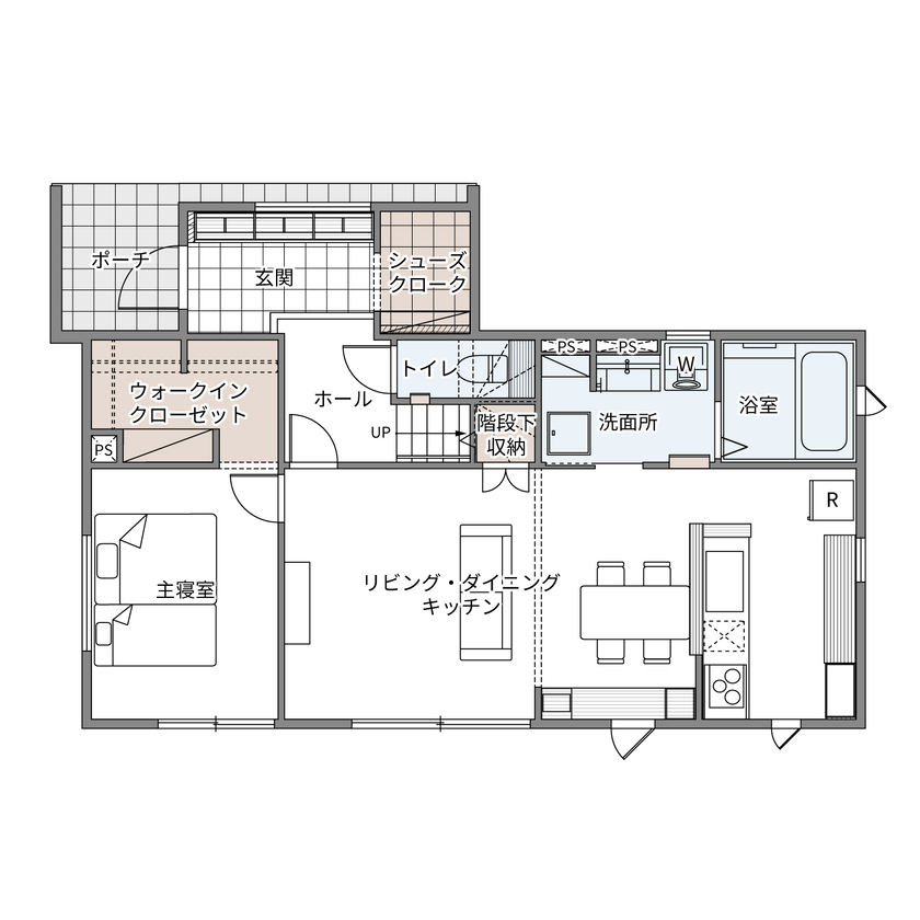 ウィザースホーム 【1900万円／ペット／趣味／間取図】海が好きな二人の、愛犬と過ごすカリフォルニアスタイルの家の間取り図（2LDK+納戸+WIC）1階