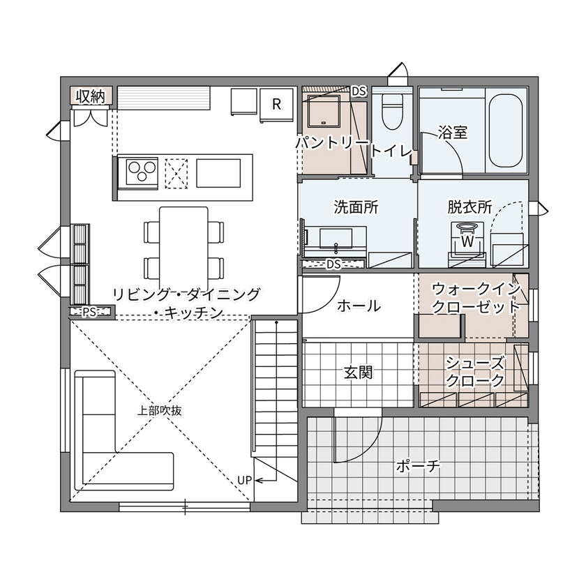 ウィザースホーム 【2400万円／吹抜／ペット／間取図】家事ラク動線と光あふれる吹き抜けがつくる、快適な暮らしの間取り図（3LDK+WIC+SC）1階