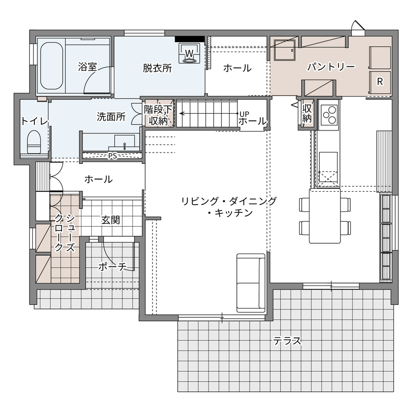 ウィザースホーム 【3000万円／収納充実／家事動線／間取図】収納＆回遊動線が使いやすい、家族がのびのび暮らせる住まいの間取り図（4LDK+納戸+WIC+SC）1階