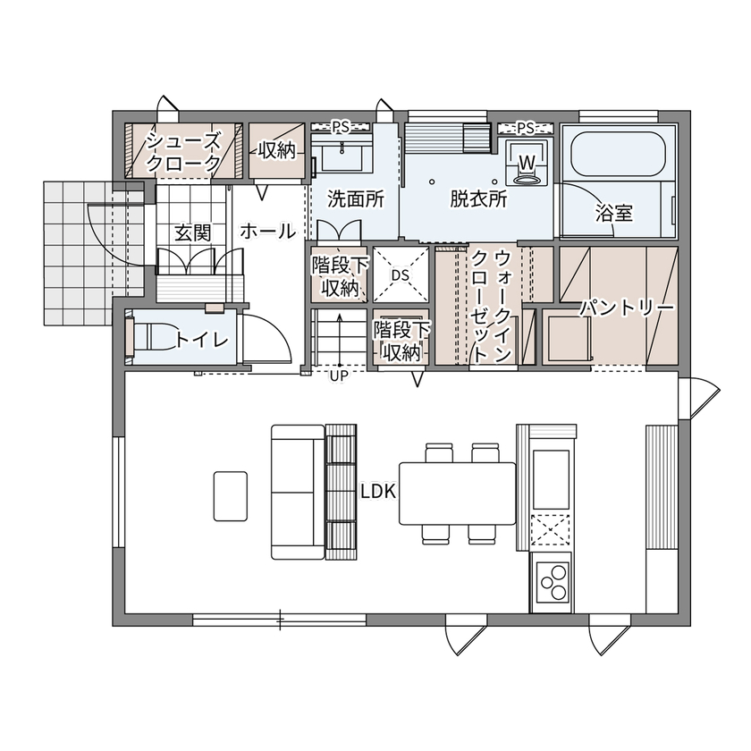 ウィザースホーム 【2200万円／家事動線／太陽光／間取図】回遊動線と収納の工夫で、自分たちらしく快適に暮らせる住まいにの間取り図（3LDK+納戸+WIC+SC）1階