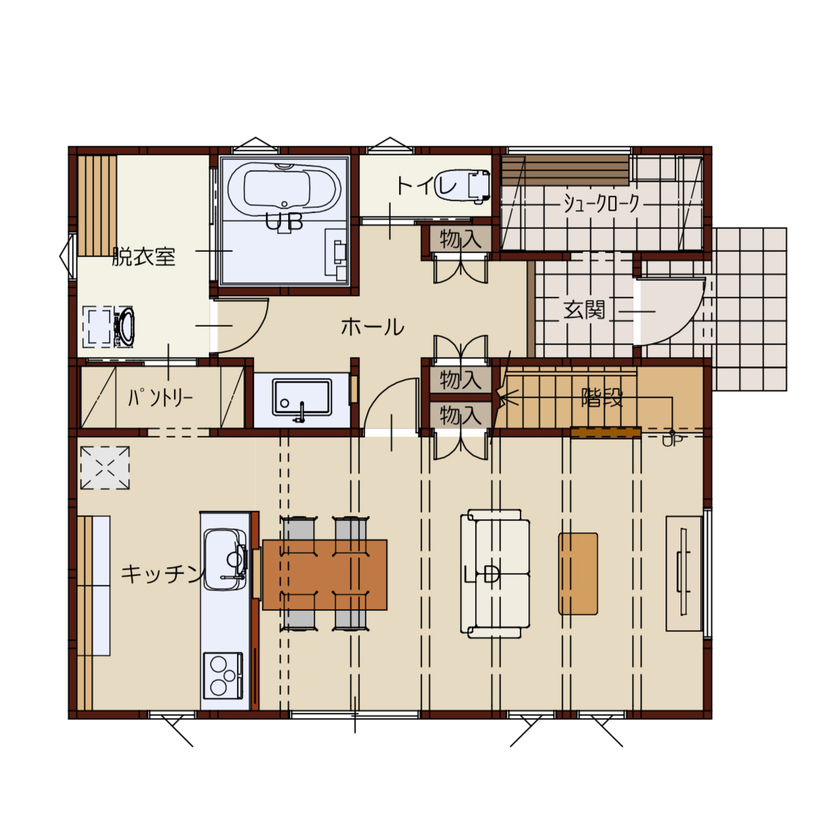 高勝の家 【仙台市｜間取り図有】大好きなインテリアが映えるやわらかな家。趣味のスペースも設けて暮らしが充実の間取り図（3LDK）1階