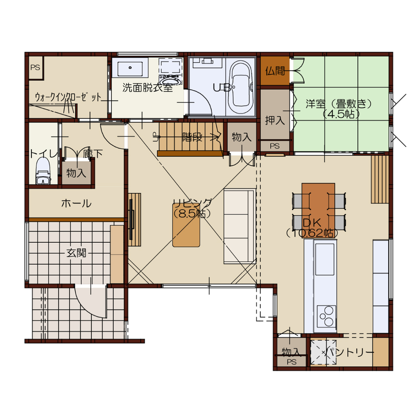 高勝の家 【間取り図有｜吹き抜け】エアコン1台で夏も冬も快適に過ごせる、吹き抜けリビングが開放的な家の間取り図（4LDK）1階