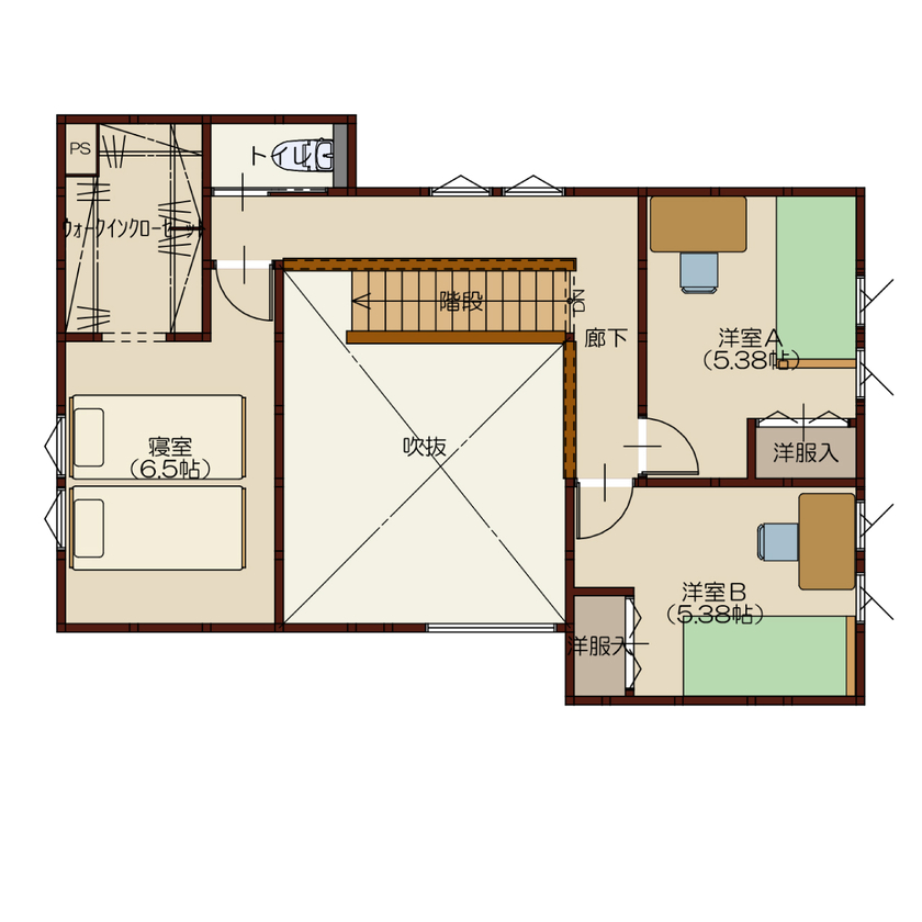 高勝の家 【間取り図有｜吹き抜け】エアコン1台で夏も冬も快適に過ごせる、吹き抜けリビングが開放的な家の間取り図（4LDK）2階