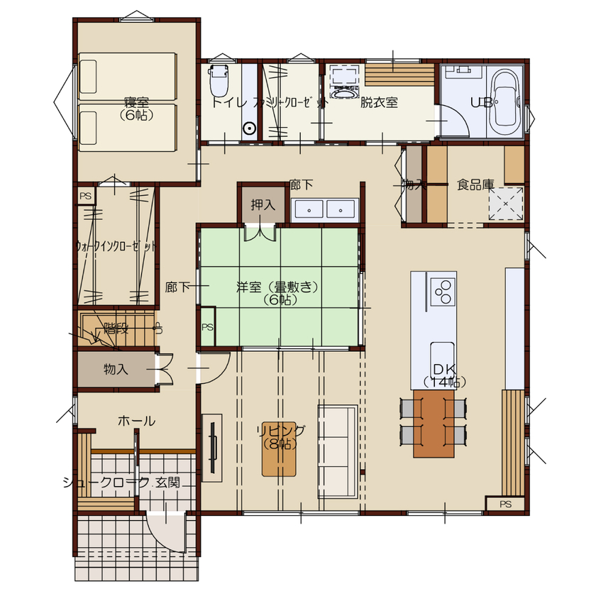 高勝の家 【間取り図有】柔軟に暮らせる間取りと回遊動線。個室居酒屋のような小上がり和室がお気に入りの間取り図（5LDK）1階