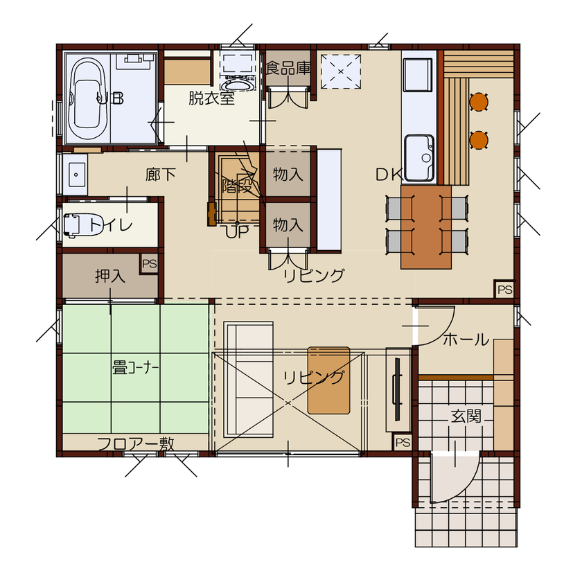 高勝の家 【大崎市｜間取り図有】吹き抜け＆畳コーナー一体型リビングでくつろげる和モダン住宅の間取り図（4LDK）1階